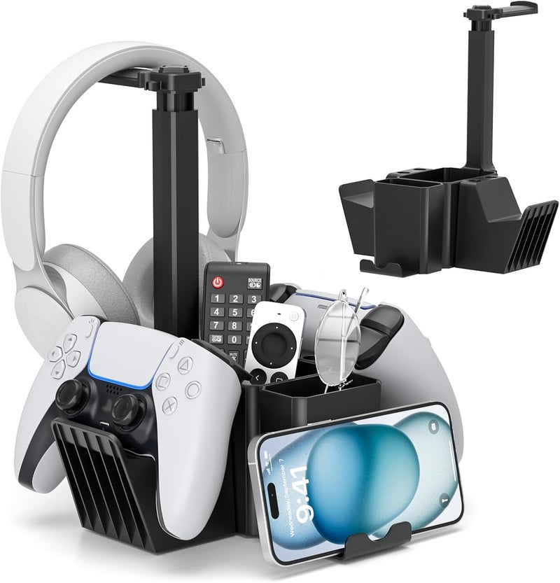 KDD Dual Controller Holder with Headphone Stand - Multi-Functional Desk Storage Box with Phone Holder - Universal Controller Stand with Desktop Organizer for Remote Control Pen Accessories(Black) - Image 1